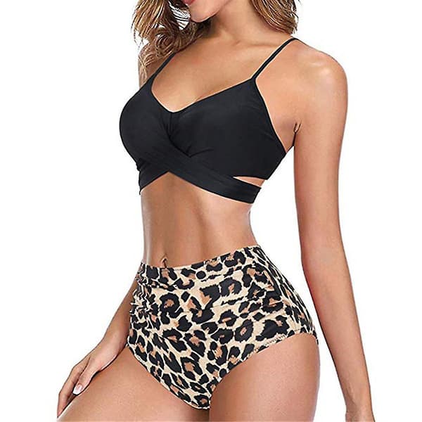 Dam Wrap Bikini Set Push Up Hög Midja Tvådelad Baddräkt Split Ormhudstryck Baddräkt För Simning (svart Leopardtryck) Xl
