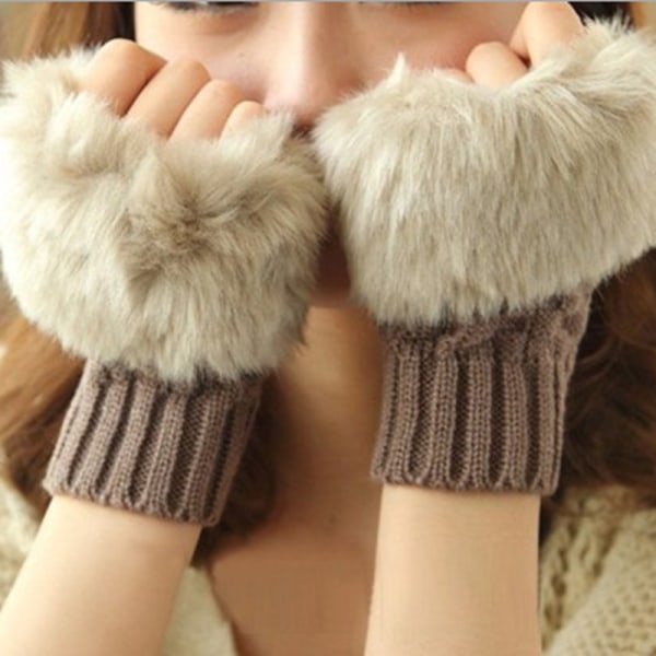 2 stycken varma handskar höst och vinter halvfingerhandskar för kvinnor stickade handskar förtjockade plysch öppna fingerhandskar brun