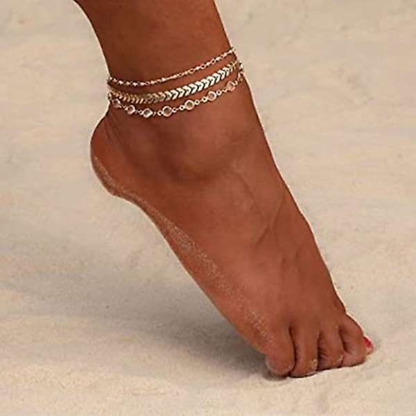 Perle Ankelarmbånd Boho Cubansk Link Anklet 14k Gullbelagt Tre Lag Strand Ankler Figaro Fotkjede Smykker For Kvinner