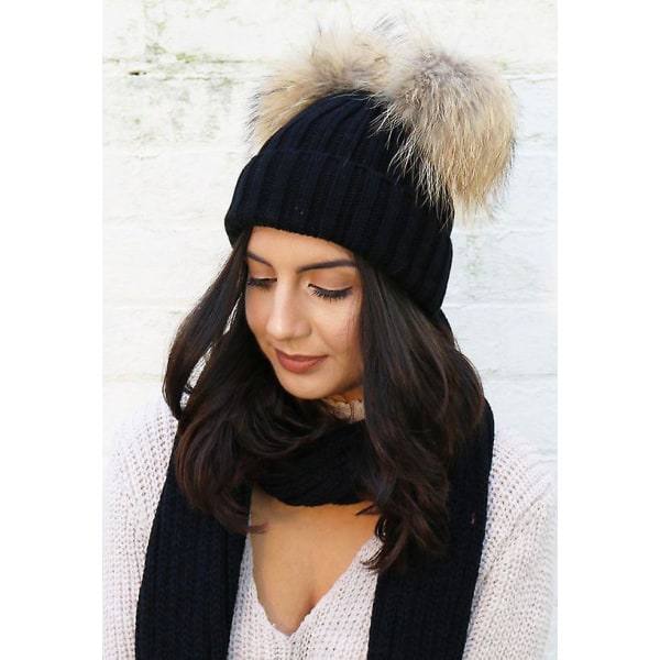 Womens Vinter Dobbel Pom Pom Beanie Fleece Lined Bobble Hat Strikket Faux Fur Pom