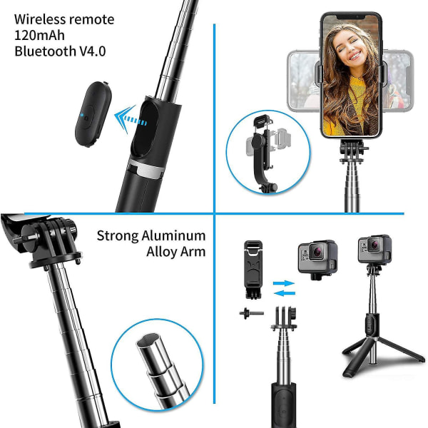 Bluetooth Selfie Stick Stativ, Utvidbar Selfie Stick (103cm) Med 360