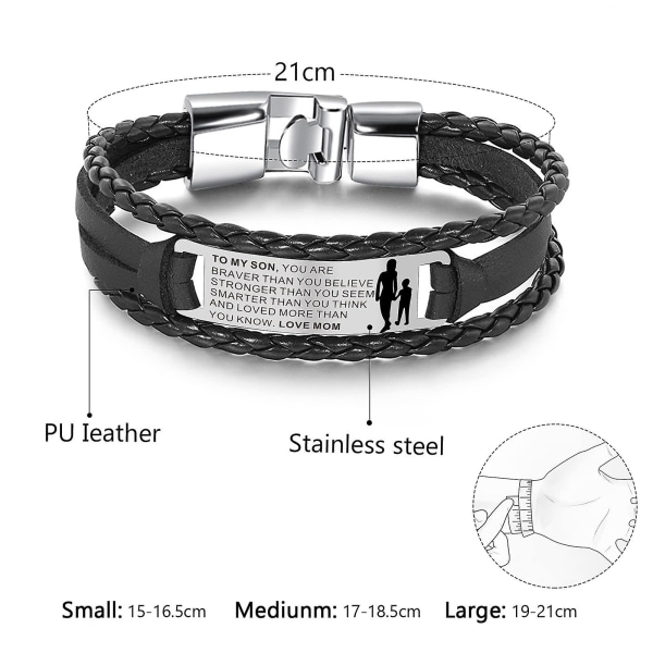 To My Son Bracelet From Mom Dad, Leather Bangle Cuff Wristband Stainless Steel Engraved Bracelets With Magnetic Clasp