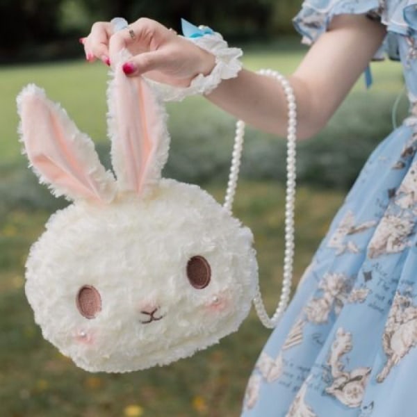 Axelväska, plånböcker för tecknade plysch kaninflickor, söt Lolita-väska för tonåringar, härlig fluffig djurväska med pärlkedja