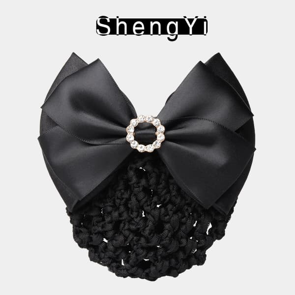 1 x Satin Rhinestone Bow Net Hårklemme til Knold, Sort