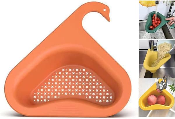 Tjocknad triangulär diskbålshållare (orange), svanformad diskbålsfilterkorg, köksavloppsställ förvaring hylla för frukt, grönsaker, avfall, rester