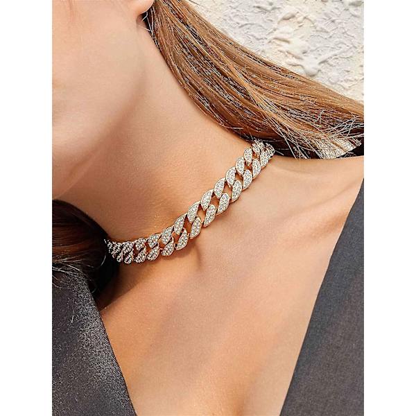 Rhinestone Curb Cuban Link Chain Choker for Kvinner Unisex Cool Hip Hop Miami Cuban Diamond-cut Chain Choker Halskjede ()