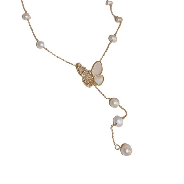 Äkta guldpläterat sötvattenspärla mikro zirkonia fjäril halsband tofs betydelse design nyckelben kedja temperament halsband