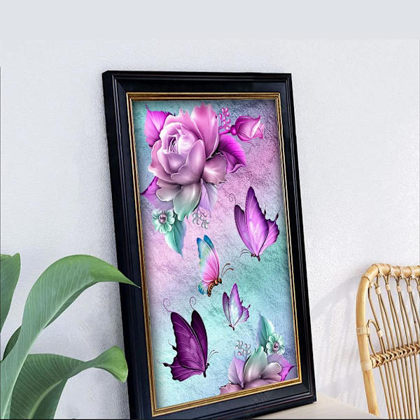 Diamantmålningssats för vuxna, DIY 5D runda full diamant fjäril blomma diamantkonst, perfekt för hemfritid och väggdekoration rosa fjäril