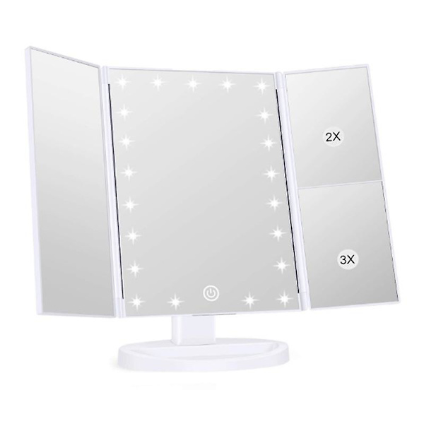 Tri-fold belyst sminkbordsspegel med 3x/2x/1x förstoring, 21 LED-lampor och pekskärm, 180 graders fri rotation bänkskiva kosmetisk spegel