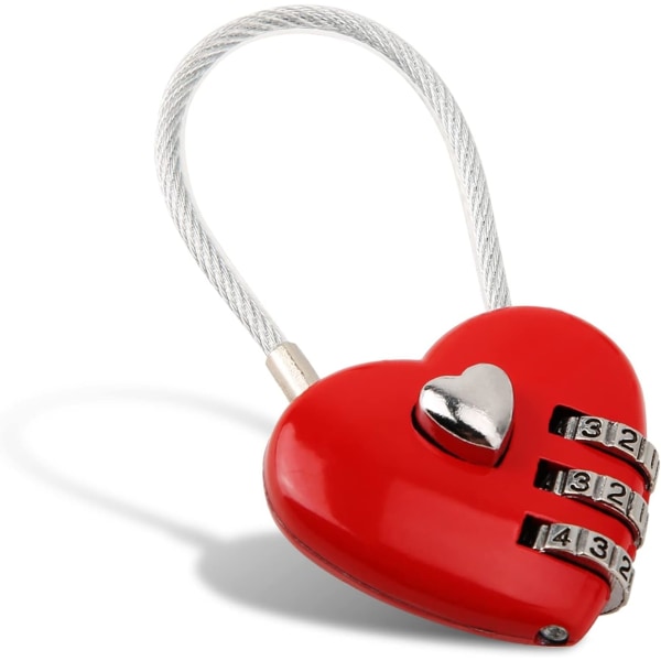 Hänglås (rött) hjärtformat, mini 3-siffrigt kodlås, med Love Heart vajer, lösenordslås för bagage, ryggsäck, smyckeskrin, lobbyskåp