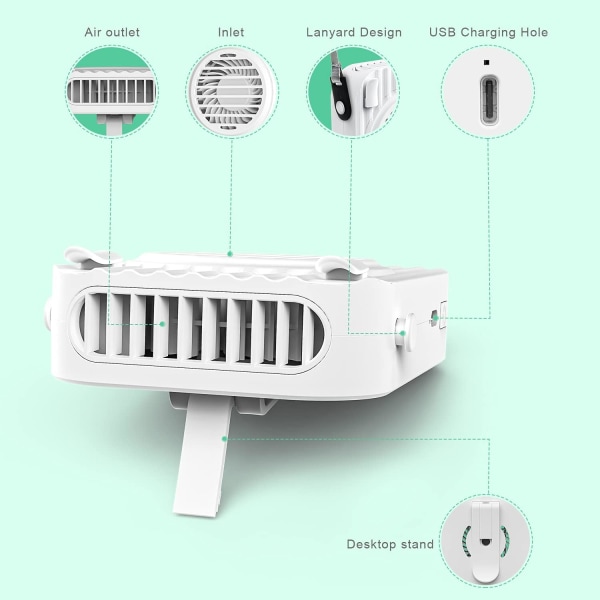 Kannettava Mini USB -tuuletin, 3 säädettävää nopeutta, kaksoisjäähdytys, ladattava henkilökohtainen kaulapuhallin toimistoon, retkeilyyn, matkustamiseen, vihreä