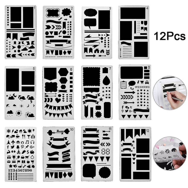 12 kpl / set Bullet Stencil Set Muovisuunnittelija Tee itse -piirustusmalli päiväkirjavihkoon 12pcs