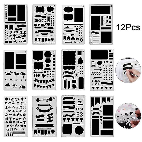12 stk/sett kule stencil sett plastplanlegger DIY tegnemal for dagbok notatbok 12pcs