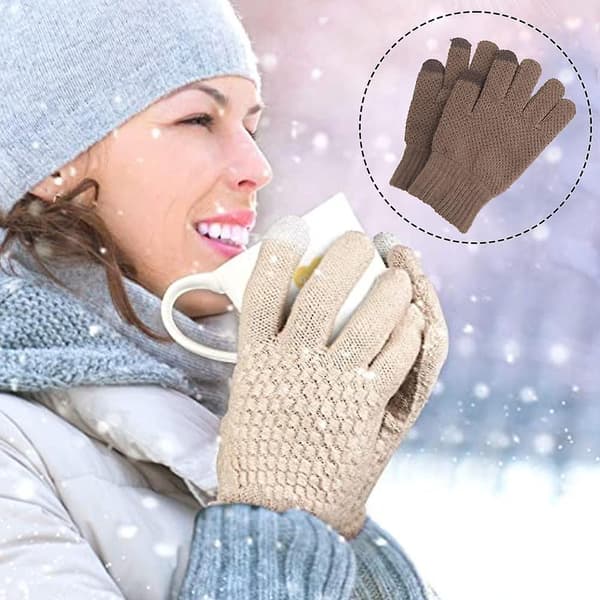 Vinter Touch Screen Hansker Varme Fleece Foret Knitted Hansker Elastiske Mansjetter Khaki