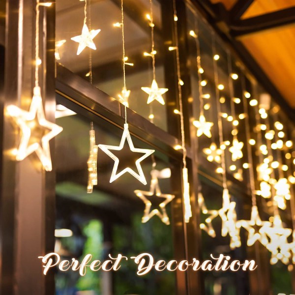 138 Led 12 Stars Curtain Lights Drop Fairy String Lights Waterproof for Outdoor Use 8 Lighting Modes Timing for Ramadan Party Wedding Window Christmas