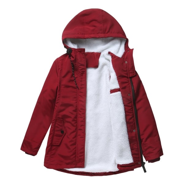 Varm vinterjacka med Sherpa-foder för kvinnor, tjock parkas med huva Red XL
