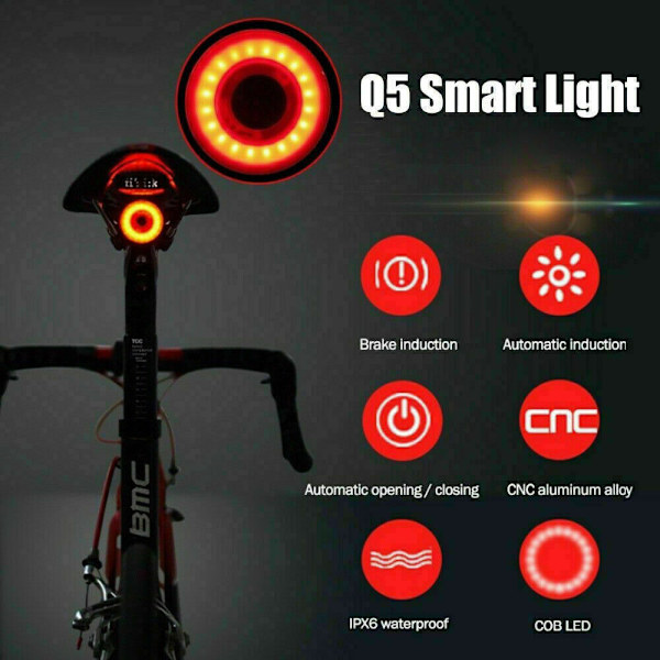 1 Set WR25 100lm Smart Broms-avkännande Bakljus Landsvägscykel MTB Cykellampa USB Laddning Bakljus Varningsljus