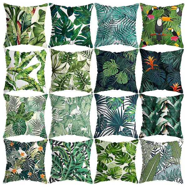 2st case, sommar exotisk djungelväxt Tropiska palmblad Bananblad Bomull Linne Cover Fyrkantig hemprydnadskudde A06