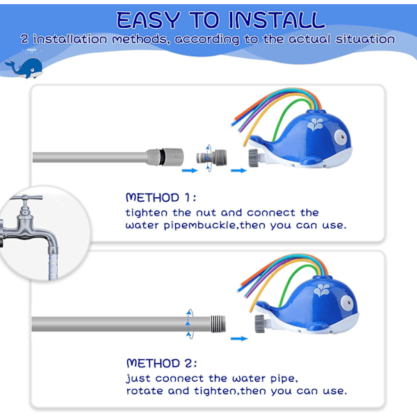 Vann sprinkler leketøy, sprinkler for barn hval design, vann sprinkler leketøy for med 6 slanger leker for basseng hage plen utendørs lek