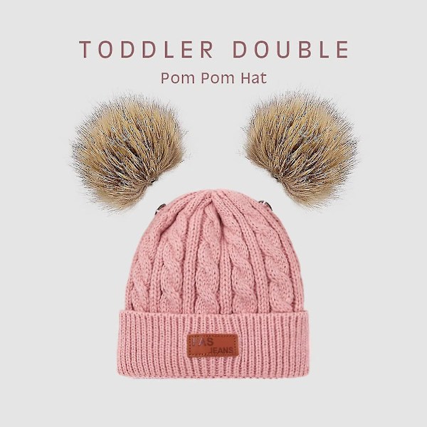 Toddler Woolen Hat Winter Twist Double Pom Pom Knitted Beanies Cap Mörkrosa Dark Pink