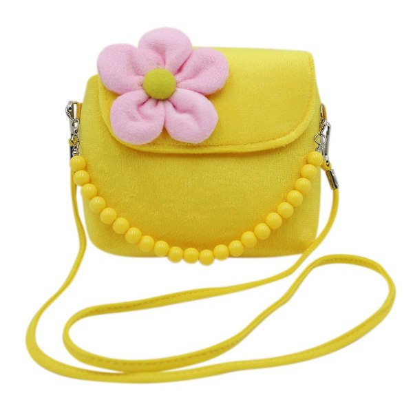 Små flickor Mode Blomma Crossbody axelväska Plysch handväska Mini handväska med handtag Yellow