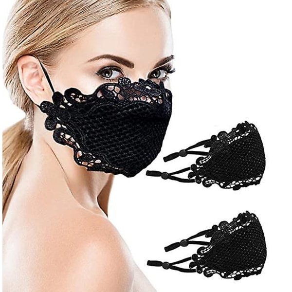2st Svart Spets-maskerad-mask För Kvinnor - Mode Ansiktssjal Mun Tyg Återanvändbar Tvättbar trasa