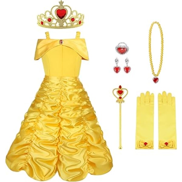 Størrelse: 4-5 år, Prinsesse Belle-kjole, 9PCS Prinsesse Belle, Belle-kostyme/hettekapekostyme for cosplay bryllup karneval bursdagsfest, gul