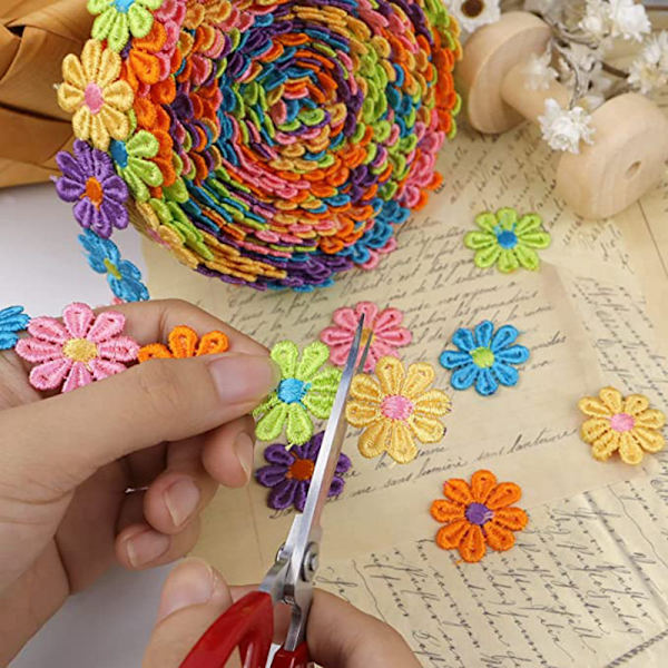 Färgglad prästkrage blomma spets trim stickning bröllop broderad DIY handgjord lapptäcke band sytillbehör hantverk 15 yards