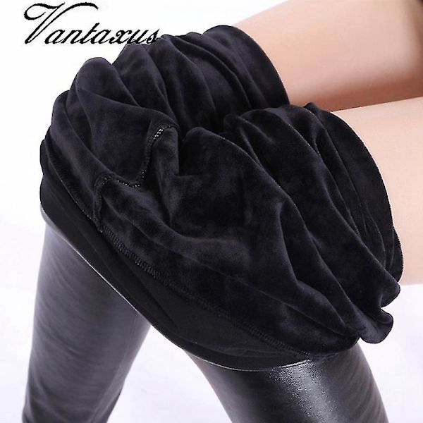 Kvinners høst vinter hold varm slank skinn leggings høy midje skinny faux skinn bukser kvinne tykk fleece pu