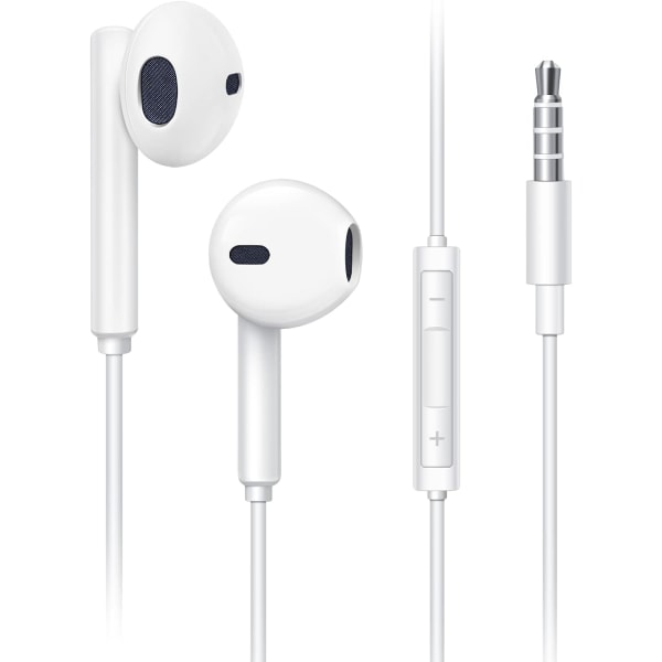 Hörlurar, Android MP3 etc. Eleganta vita, trådbundna hörlurar med mikrofon och volymkontroll, Stereo brusreducerande in-ear hörlurar, Universal 3.5
