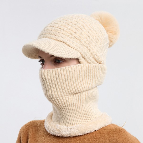 Naisten talvipipo yksiosainen huivikaulus lämmin tuulenpitävä neulottu hattu, beige