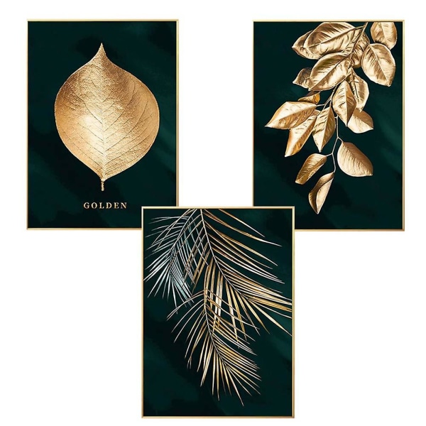Set med 3 designaffischer, 30x40cm Forest Golden Leaves Palmblad Print bilder utan ramar för vardagsrummet, 30 X 40 cm Type A