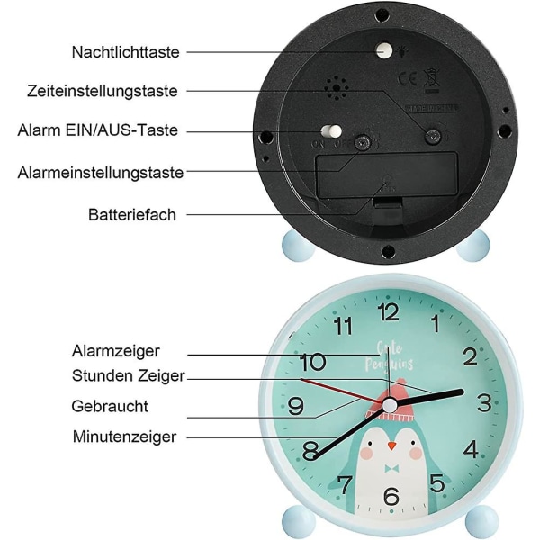 Tommers alarmklokke for jenter og gutter, analog stille alarmklokke