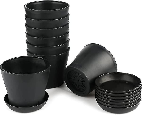8 stk. 4\" små sorte plantepotter i plast til indendørs planter til kontoret