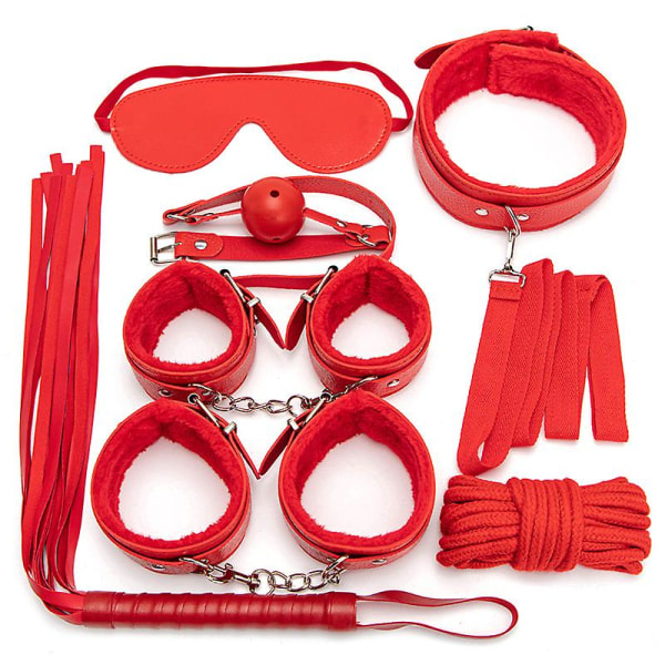 7 st/set Läder Bodaged Kit Adlt Explay Hndcffs/whps/ball Gg/rep/collr Bdm Red