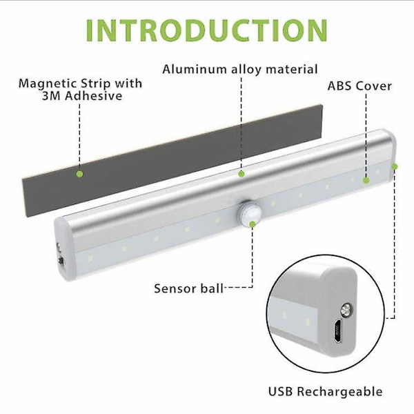 Oppladbar LED-lysbjelke under skapbelysning Batteri 22 LED-lys Bærbar LED-rør