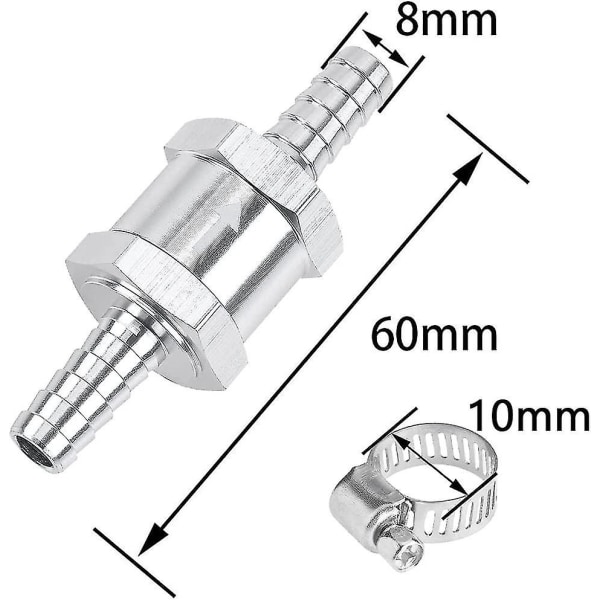 2 kpl 8 mm:n takaiskuventtiili, yksisuuntainen alumiininen polttoaineen takaiskuventtiili, alumiininen polttoaineen takaiskuventtiili, polttoaineen takaiskuventtiili 4 klemmarilla