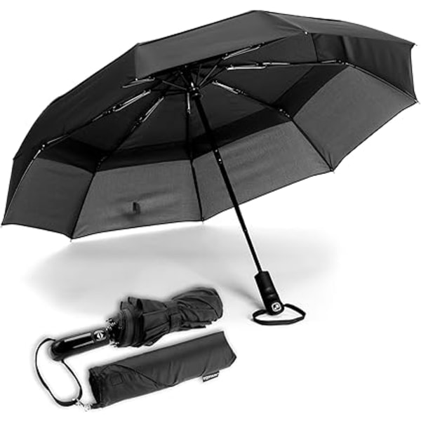 Black-Double Canvas Windproof Travel Umbrella - Teflon Coating,Ergonomic Handle and Protective Cover - Compact,Foldable,Lightweight Design and High W