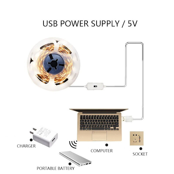 3m Hvidt Lys 5V Lampe USB Led Lys Under Skab Bevægelsessensor Nattelys Garderobeskab Lys Skabsbelysning Baggrundsbelysning TV Køkken Led Lysstrimmel