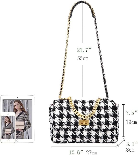 Houndstooth PU læder skuldertaske til kvinder sort og hvid mode efterår og vinter uld klud crossbody taske