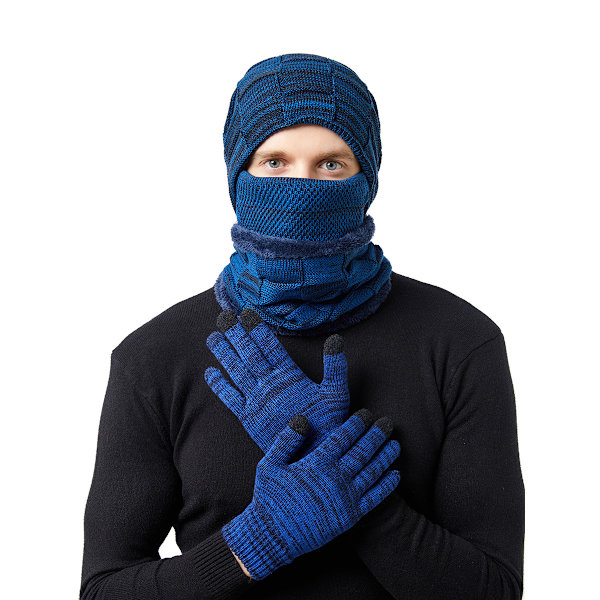 Lämmin 4-osainen hattu, huivi, maski ja käsineet miehille ja naisille sininen