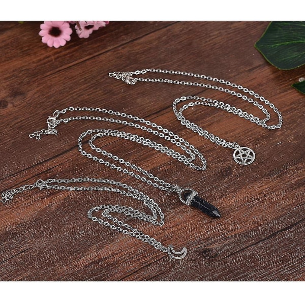 Måne Pentagram Halskjede Pentakel Krystall Chakra Halskjede Sjarmanheng Multi Lagdelt Legering Kjede