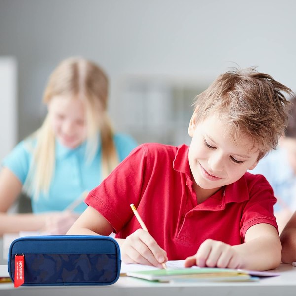Barnens skola, pennfodral med stor kapacitet och 3 fack för pojkar och flickor, blå