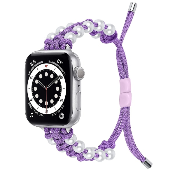 Pearl Nylon stropp kompatibel med Apple Watch stropp 40 mm 38 mm for kvinner jenter, justerbar perle smykker vev nylon Purple