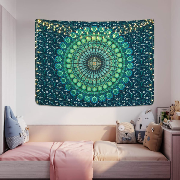 Bohemisk Mandala-väggbonad Hippie-väggbonader Psykedelisk påfågel Boho-väggbonad för sovrum Blå, 150*200cm