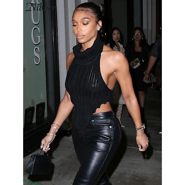 Nibber Genser Strikket Topper Turtleneck Basic Tank Top Beauty Back Genser Genser Vest 2023 Sommer Elegant Streetwear Dame Black M