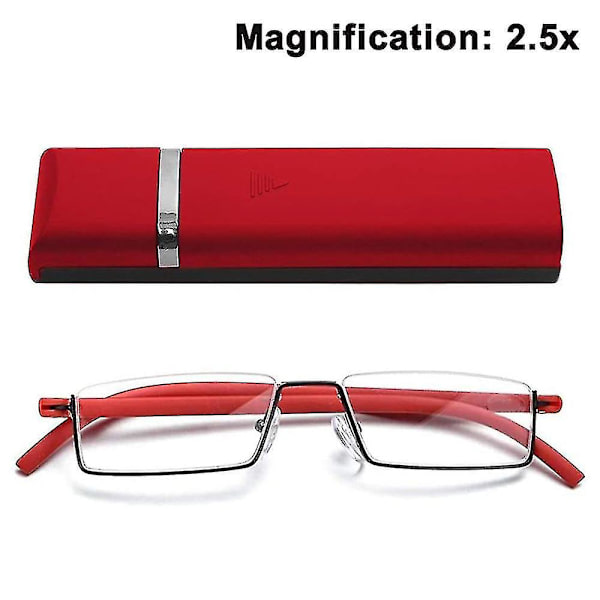 Halvram läsglasögon i klar glas för män och kvinnor, lätta elegant red 2.5