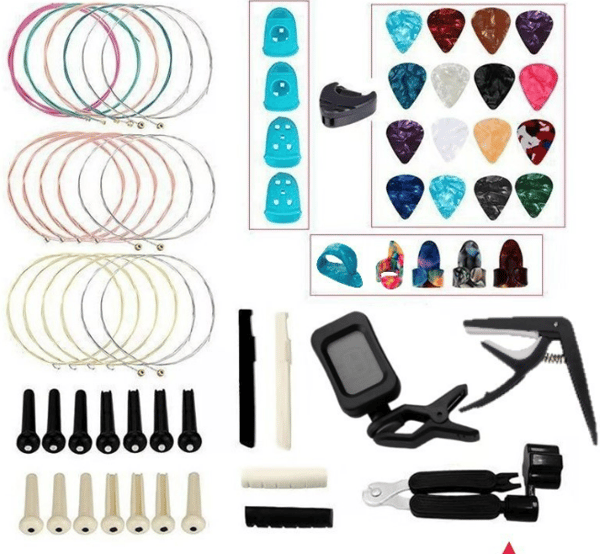 Gitarrtillbehör set, strängfingersats, gitarrplektrum, nagelkudde, tre-i-ett strängväxlare