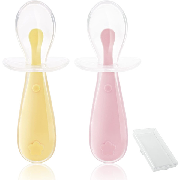 Silikoneske til baby (11,5*4,5 cm, gul + rød), ergonomisk babybestik, ske, gaffel og preske. Ideel til at lære om maddiversificering, DME og sel-