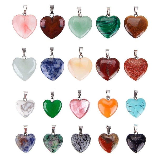 20 st Hjärtformade stenhängen Berlocker Kristallchakrapärlor för tillverkning av smycken, 2 storlekar, olika färger